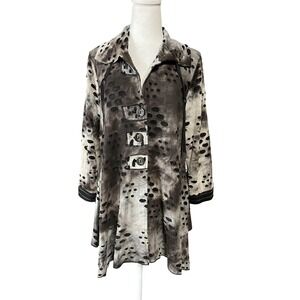 Feratelli Jacket Womens‎ XL Gray Black Cutout Button Patch Flare Boho Artsy Top